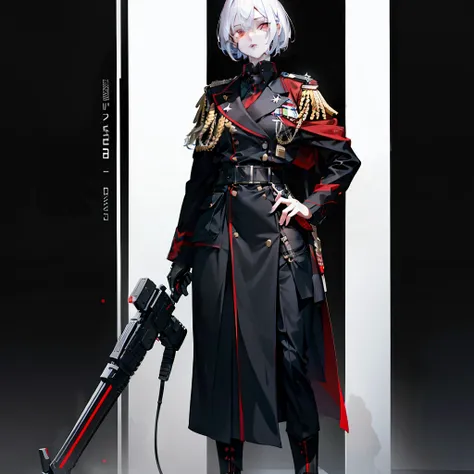 1woman, cool, white hair, red eyes, tall, mature, modern, wearing completely black military uniform, full body, isolated on comp...