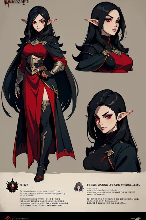 female original character reference sheet adoptable, vampire, pointy elf ears, extremely long black hair, red eyes, anti hero, heroic, lightly armoured, large sword, fighter class, adventurer