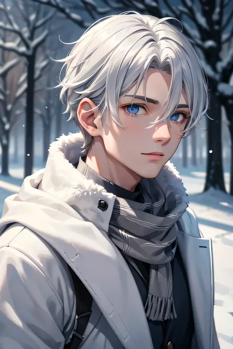 Young man, gray hair, blue eyes, winter