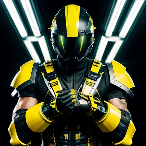 cyborg ninja wearing sleek, black and yellow armour that incorporates various mechanical components, his face is covered by a helmet with a green visor, wileds explosive bomb, equipped with arm-mounted buzzsaw blades, intricate, high detail, sharp focus, d...