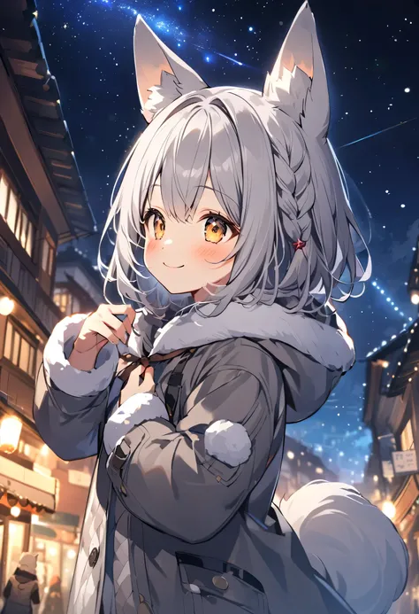 Winter Town ，  Beautiful night view  ，smile，girl with dog ears，Gray Hair， look up at the starry sky