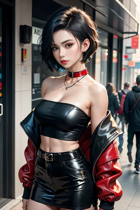 "young female  wearing a modernized, stylish outfit. She has short black hair styled asymmetrically, Her outfit consists of a black strapless top with a red belt, and an oversized black jacket with red lining . , , oversized jacket with long sleeves