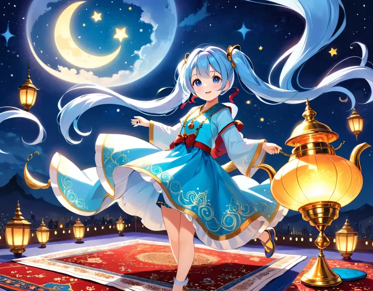  long light blue hair、 Beautiful Girl with Twin Tails 、Im on a flying carpet、A magic lamp that shines brightly、A big man is coming out of the lamp、Moonlit Night、 starry sky 