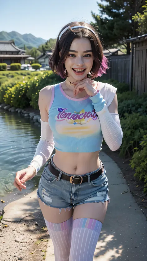 1 woman, mature woman, solo, NOT DASHA TARAN, full body standing, perfect body, best quality, 32k, photograph, full body (head to toe), tone mapping, ((houjou satoko,short hair,black hairband,rainbow colors mix hair,violet eyes,hair between eyes,random shi...