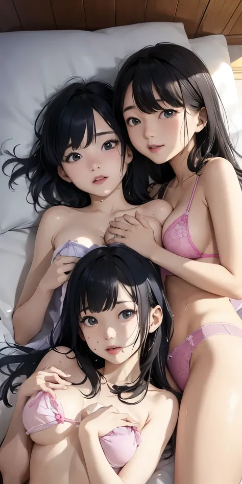 Small breasts get wet with milk、Kiss my chest、Realistically、(  Two  elementary school girls  )Lying down and hugging、、 dark blue underwear 、  blanking 、  moisturized pink lips 、   The cleavage is visible   、  Various Poses  、   Seductive Expression  