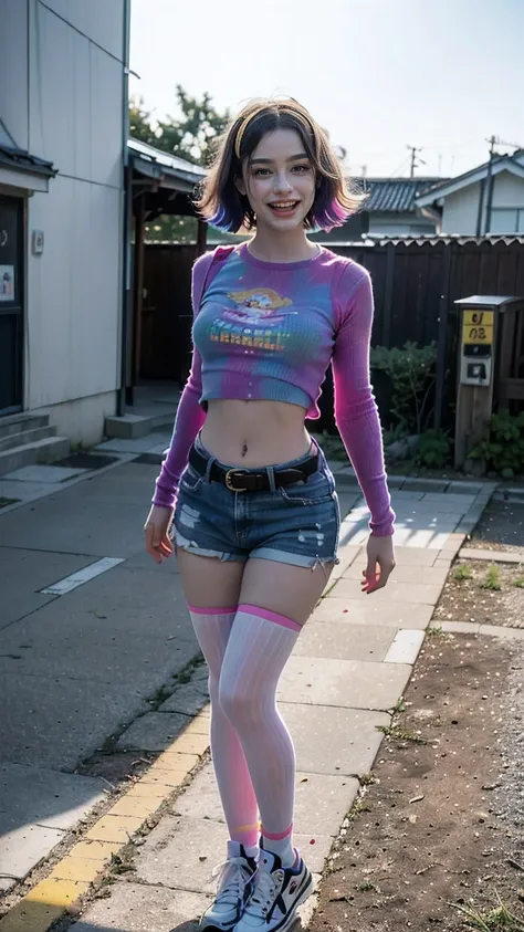 1 woman, mature woman, solo, NOT DASHA TARAN, full body standing, perfect body, best quality, 32k, photograph, full body (head to toe), tone mapping, ((houjou satoko,short hair,black hairband,rainbow colors mix hair,violet eyes,hair between eyes,random shi...