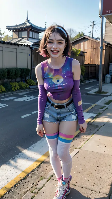 1 woman, mature woman, solo, NOT DASHA TARAN, full body standing, perfect body, best quality, 32k, photograph, full body (head to toe), tone mapping, ((houjou satoko,short hair,black hairband,rainbow colors mix hair,violet eyes,hair between eyes,random shi...