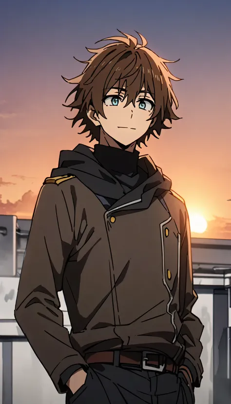 a man brown messy medium lenght hair, black hoodie (black turtleneck under uniform), at rooftop with sunset behind, one hand on ...