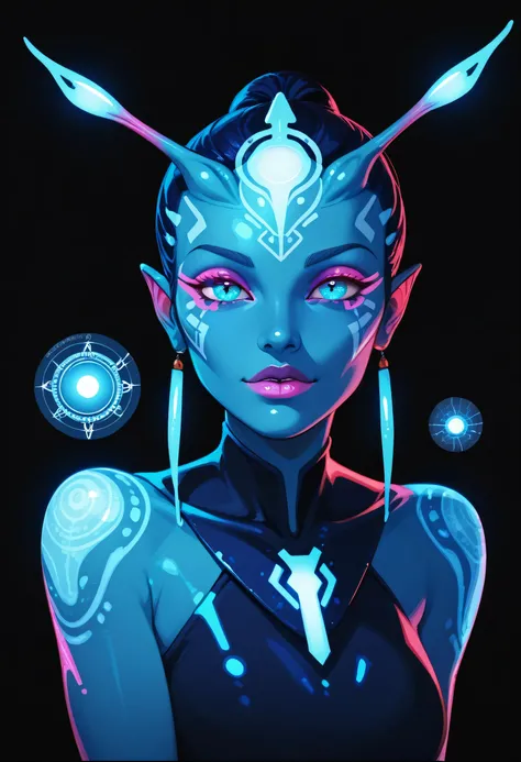 Medieval Extraterrestrial Creature, Alien Being, ((Non-Human)), Female seductive Alien, colorful skin, Holographic Alien Tribal, Tribal Alien Priestess, Glowing Makeup, Blacklight, Glowing, Seductive Alien Technology, Black Background, Character Design She...