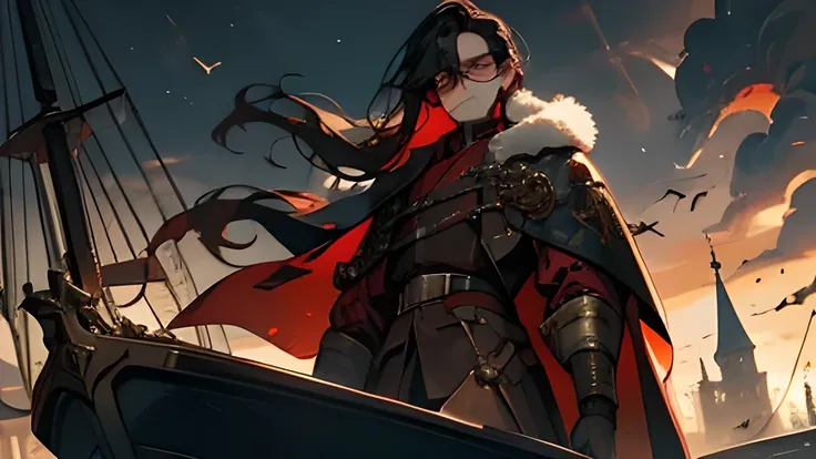 man, youth,  dark hair, Red eyes, Concealed glasses ,  noble aristocrat-like atmosphere ,  Medieval European steampunk , coat,  boats are settled in the harbor,  sharp and sharp face 