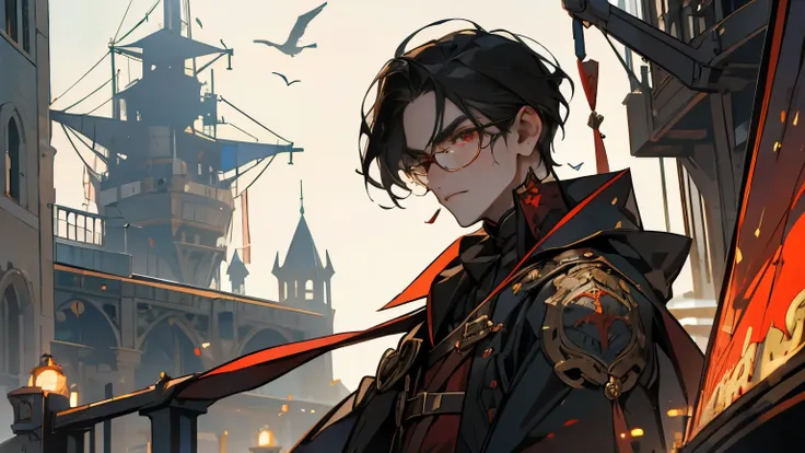 person, youth,   dark hair,  red eyes, Hidden glasses  ,   noble aristocrat-like atmosphere  ,   Medieval European steampunk  , coat,   A boat is anchored in the harbor,   sharp, sharp face  