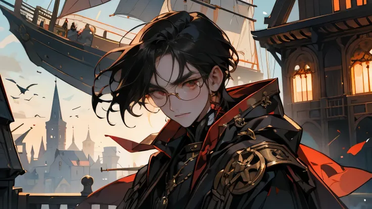 person, youth,   dark hair,  red eyes, Hidden glasses  ,   noble aristocrat-like atmosphere  ,   Medieval European steampunk  , coat,   A boat is anchored in the harbor,   sharp, sharp face  