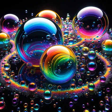 glass orbs overflow and spill out intricate rainbow patterns that fill glass bubbles that melt and dissolve with bobbles and col...