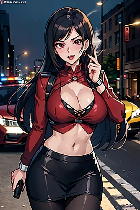 1girl, RE4, Ada Wong, long hair, earrings, red lips, large breasts, ear piercing, long hair, blush, lipstick,Hot girl, baddie, smoking, sensual, attractive ,masterpiece, best quality, highly detailed, a anime girl in police uniforms , police outfit, milita...