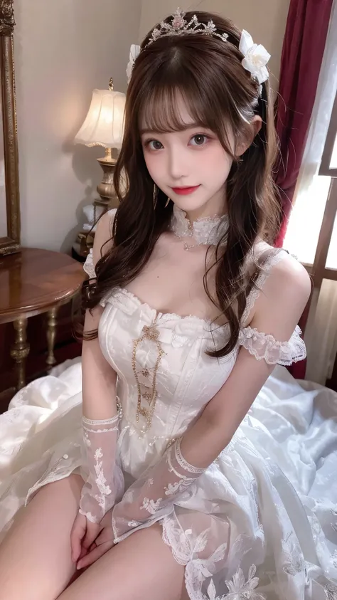  beautiful little princess woman,     chestnut hair    ,    beautiful eyes,   smiling,  actual , Full HD,   very nice dress ，Fluffy dress ，Curvy body，Gorgeous scene，Gorgeous decoration