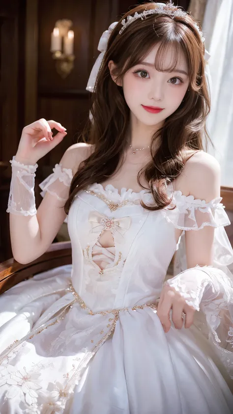  beautiful little princess woman,     chestnut hair    ,    beautiful eyes,   smiling,  actual , Full HD,   very nice dress ，Fluffy dress ，Curvy body，Gorgeous scene，Gorgeous decoration