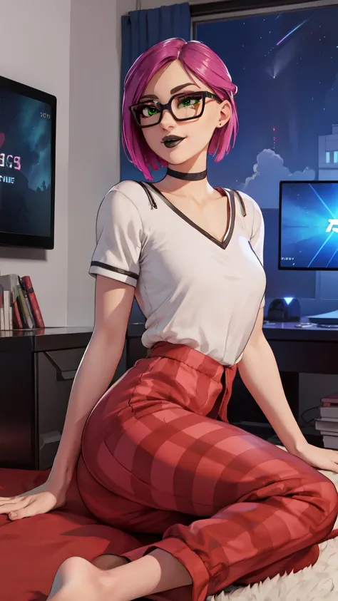 1 girl,black lips,choker, GoodNight, sky with stars , evening , Night, headphones(masterpiece) Dark sky,(Best Quality) led light, gaming zone,(Alone),fine green eyes , yawning , high detailed,extremely detailed,sitting on the floor ,short pink hair, pajama...