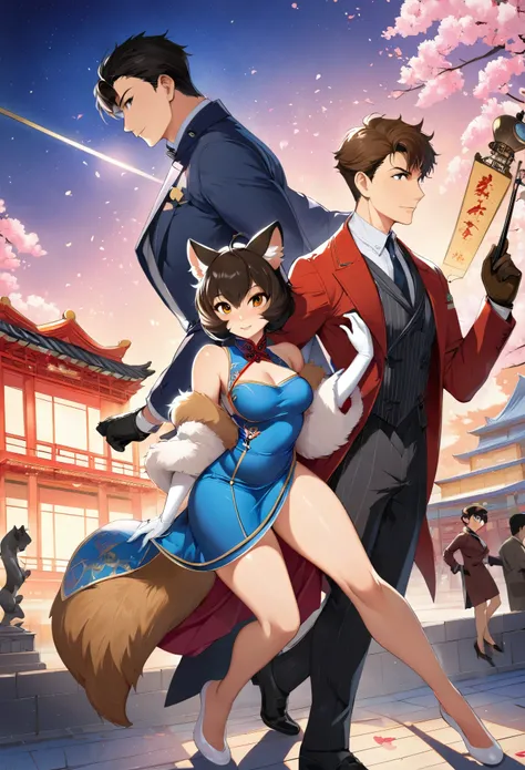 movie poster, movie artwork, concept art of love, romance novel cover, highres, top quality, best quality, perfect artwork, absurdres, perfect anatomy(couple, young 1male detective, 1woman in Chinese dress)(furry, kemono, anthro))with some elements of 007,...