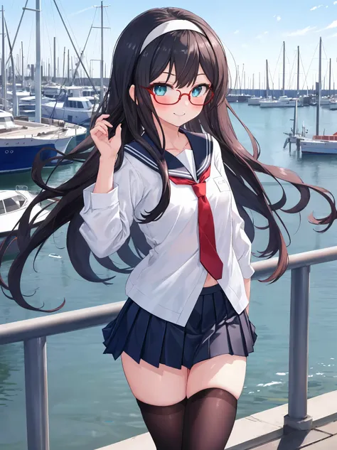 best quality, masterpiece, highres, solo, {ooyodo_kantaicollection:1.15}, black_hair, long_hair, glasses, hairband, semi-rimless...