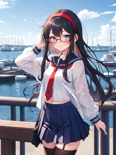 best quality, masterpiece, highres, solo, {ooyodo_kantaicollection:1.15}, black_hair, long_hair, glasses, hairband, semi-rimless_eyewear, under-rim_eyewear, blue_eyes, green_eyes, blush,small_breasts, 1girl, school_uniform, serafuku, pleats_skirt, looking_...