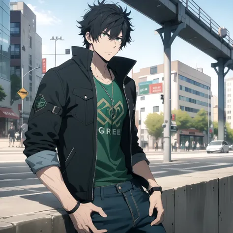 25-year-old male , attractive face . Messy black hair , emerald green eyes, athletic physique , serious and trusting expression. green t-shirt , black jacket , denim pants. background a city.