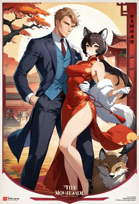 movie poster, movie artwork, concept art of love, romance novel cover, highres, top quality, best quality, perfect artwork, absurdres, perfect anatomy(couple, young 1male detective, 1woman in Chinese dress)(furry, kemono, anthro))with some elements of 007,...