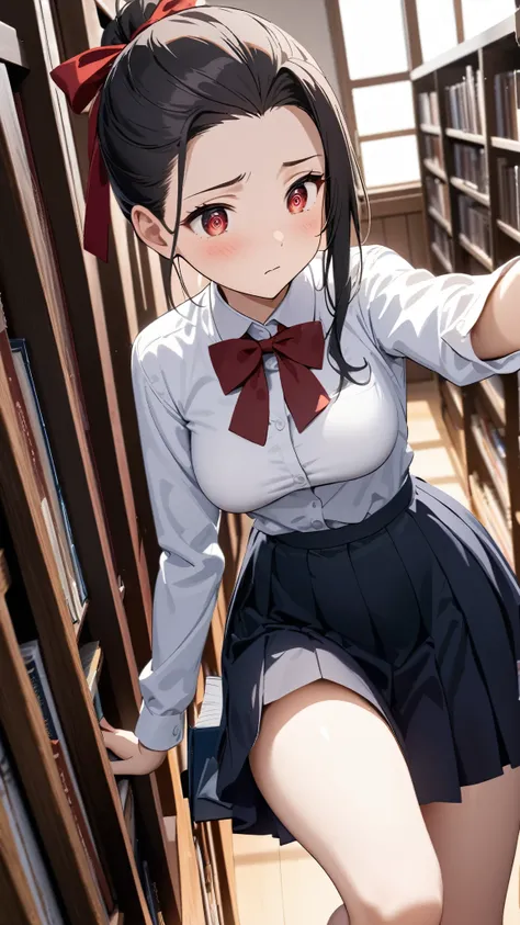 extremely detailed CG, high resolution, best quality, masterpiece, 1 girl, black hair, long hair, hair tied back with a red ribbon, brigth red eyes, (beautiful detailed eyes: 1.4), medium breast, long legs, school uniform, white shirt, red ribbon, black sk...