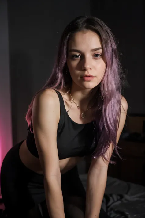 Create 25-year-old cute white girl with long pinkypurple hair wearing designer jewellery pink and black designer taking photoshoot in Venice city in dark room without any lights in that room