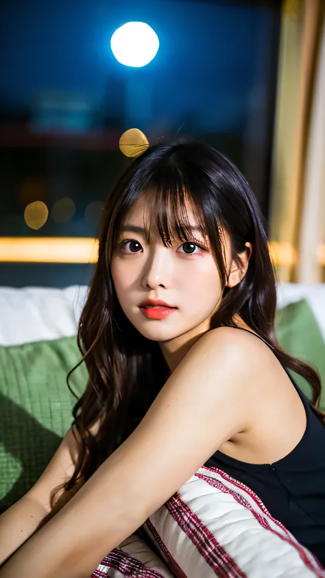  best quality, ​masterpiece,  Incredibly Beautiful , Very delicate 8k wallpaper, Transcendentally beautiful girl,  girl watching tv on the couch, Japanese, 20 years old,  sexy pajamas, wariza,cute and very fine-eyed , cherry heart shaped lips , (( Night Ro...