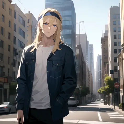 24-year-old male  .  shoulder-length hair blonde hair wears a headband, dark blue eyes, style . Casual troop background a city . 