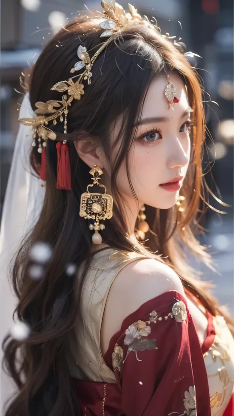 Beautiful Japanese waifu, early 30s, brunette hair, complex golden hair decorations , traditional Chinese silk dress in red, large gold and ruby earrings, in the snow