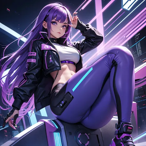 1 girl,  Beautiful girl half human half Cyborg ,  purple hair with blue lines,  jacket with cyber touches ,  cyber pants ,  perfect body , high quality body ,  high definition ,  High resolution, HD, 4k