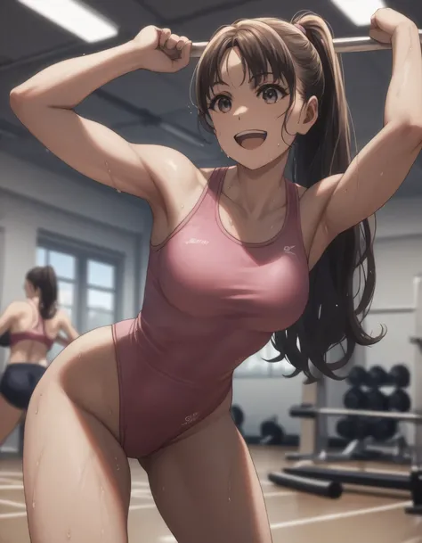 score_9, score_8_up, score_7_up, gsfghtr, ((long straight hair)), pink leotard, 1girl, smile, open mouth, building, (thigh), crossbar gymnastics, gymnasium, sweaty, exercise