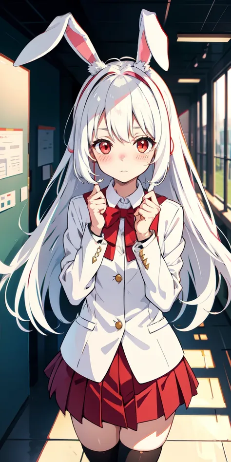 Anime girl with white hair and bunny ears, red eyes, shy blush, school uniform