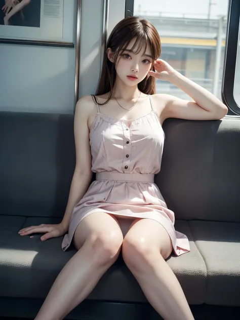 (masterpiece,  best quality, 8k,  RAW photo, beautiful、 Aesthetic :1.2),  intricate detail, indirect lighting, Realistic, whole body,  sitting on a train chair、 the audience、Peeking、   Square Neck Button Down Linen Sundress, (Super Realistic Legs )、  train...