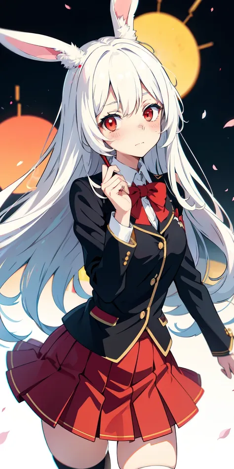 Anime girl with white hair and bunny ears, red eyes, shy blush, school uniform