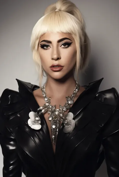 Lady Gaga with a blonde hair with bangs and latex black outfit