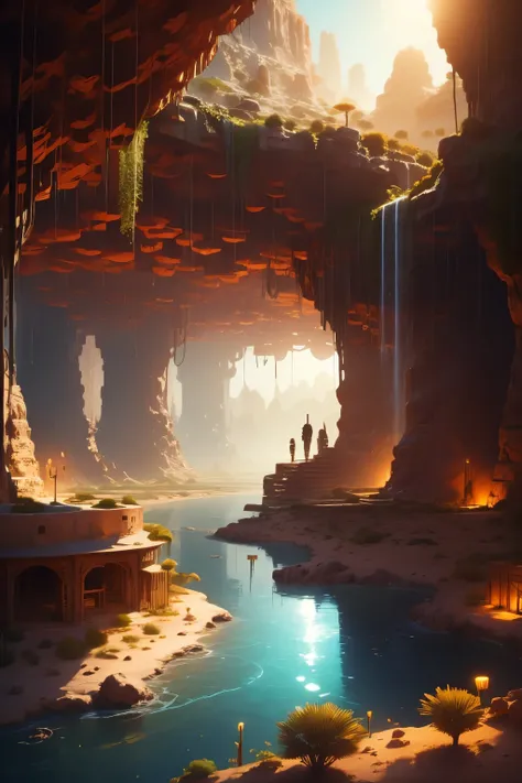  under an unforgiving desert , Elyria thrives .  underground civilizations have learned techniques of water regeneration and underground farming,  creates lush oases under dry dunes .  luminescent plants illuminate caves ,  close-knit societies value wit a...