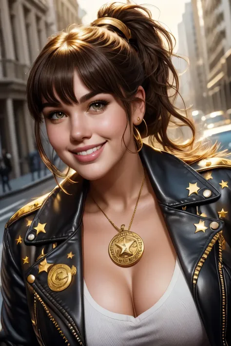 absurd quality. natural lighting . hyperrealism. fantastic illustration in comic book style . A plus-size girl , brown hair with bangs and ponytail , shy smile , wearing a black leather jacket with gold stars on her shoulders, white reg...