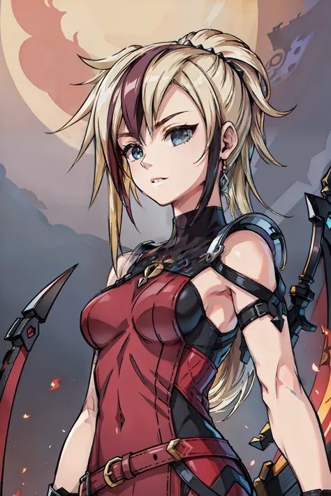 (masterpiece, best quality:1.2), red glowing eyes, red eyes, the eyes are red, perfect face, strong make up, highres, 1 girl, ultra long ponytail, (female:1.5), strife, blonde hair streaked with lots of red highlights, two colors hair (blond and red), high...