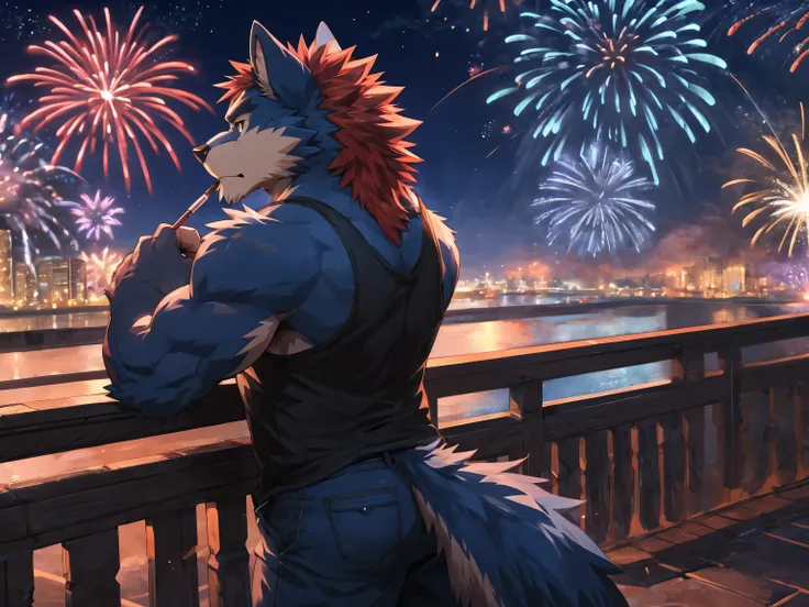 Werewolf, (Short red hair:1.2), (midnight blue toned fur:1.3), smoking, fireworks, lifelike, stare, Cold expression, black tank top, Leaning against the railing, on the bridge, night, cartoon, author Takemoto Arashi, by zixiong, By Chunni, author Empty Gho...