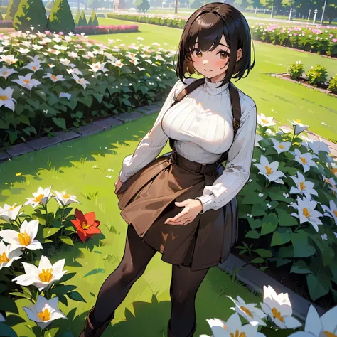 ( High Quality ,  high definition , Very detailed, reality:1.37), Peaceful atmosphere, (Outdoor, garden),  teenage girl standing alone, (My breasts are large.), Beautiful details,  cute smile with blush, (Black Bob), Ribbed sweater,Brown skirt, Black tight...