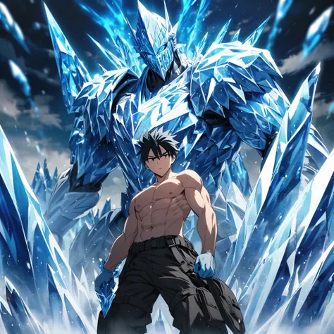 Gray fullbuster, shirtless, wearing black cargo pants, with magical ice power in his hands, blue aura, in a large open field, large knights made of ice, ice crystal armor, several ice knights, ice titan knights.
