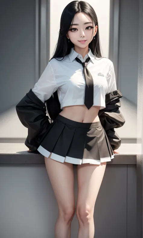 masterpiece, high detail, 1 teenage girl, Yuna de Itzy, slim, beautiful, Korean, Kpop, long hair , black hair , black eyes, cuerpo entero, standing, flat stomach, cute legs, white skin , detail in the hands, black skirt , white shirt with black col...