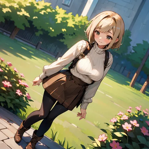 ( High Quality ,  high definition , Very detailed, reality:1.37), Peaceful atmosphere, (Outdoor, garden),  teenage girl standing alone, (My breasts are large.), Beautiful details,  cute smile with blush, (Black Bob), Ribbed sweater,Brown skirt, Black tight...