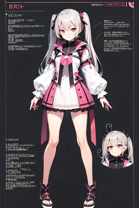 Gray Hair,  pretty girl, pink eyes,  twin tails,whole body,Setup diagram
standing picture, high definition ,  1 girl, 