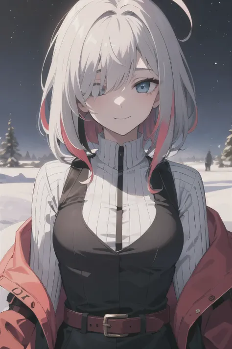 highres, highest quallity, 1girl, (adult:1.2), solo, ,medium_hair, (blank eyes:1.2), ahoge, (messy_hair:0.8), eye_shadow, grey_hair,multicolored hair, accessories, night sky, red_theme, red_eyeliner, glowing_eyes, striped_fashion, (beautiful woman, perfect...