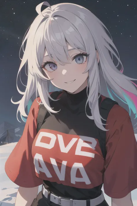 highres, highest quallity, 1girl, (adult:1.2), solo, ,medium_hair, (blank eyes:1.2), ahoge, (messy_hair:0.8), eye_shadow, grey_hair,multicolored hair, accessories, night sky, red_theme, red_eyeliner, glowing_eyes, striped_fashion, (beautiful woman, perfect...