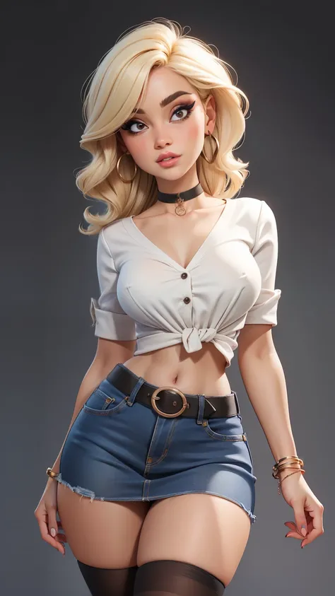 1girl,solo,(cute), makeup, (blond hair), (hair tubes),bracelet,earrings, choker, (high quality), (best quality), sharp focus:1.2, ((masterpiece)), 

curvy body,perfect dark mascara,narrow waist, narrow hips, narrow 

(White blouse, cropped denim skirt), ( ...