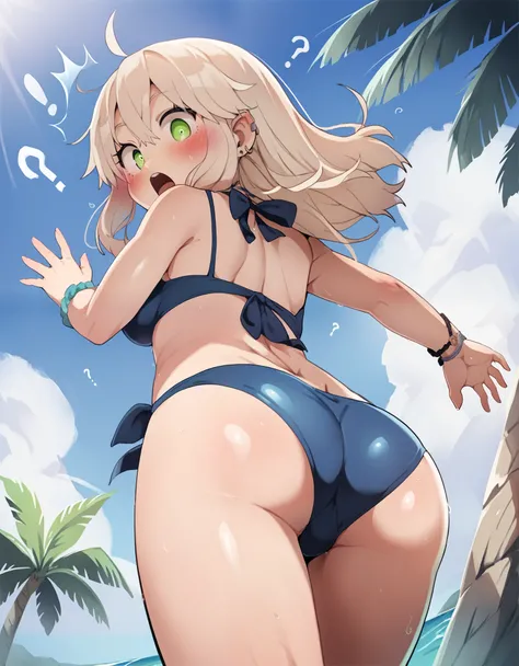 score_9, score_8_up, score_7_up, rating_ safe, solo, 1girl, Dagashi_(Daga2626), breasts, bikini, outdoors, beach, sky, from_behind, ass, from_below, looking_at_viewer, surprised, ?